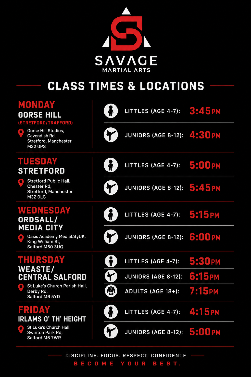 Savage Martial Arts Salford & Stretford Class Timetable